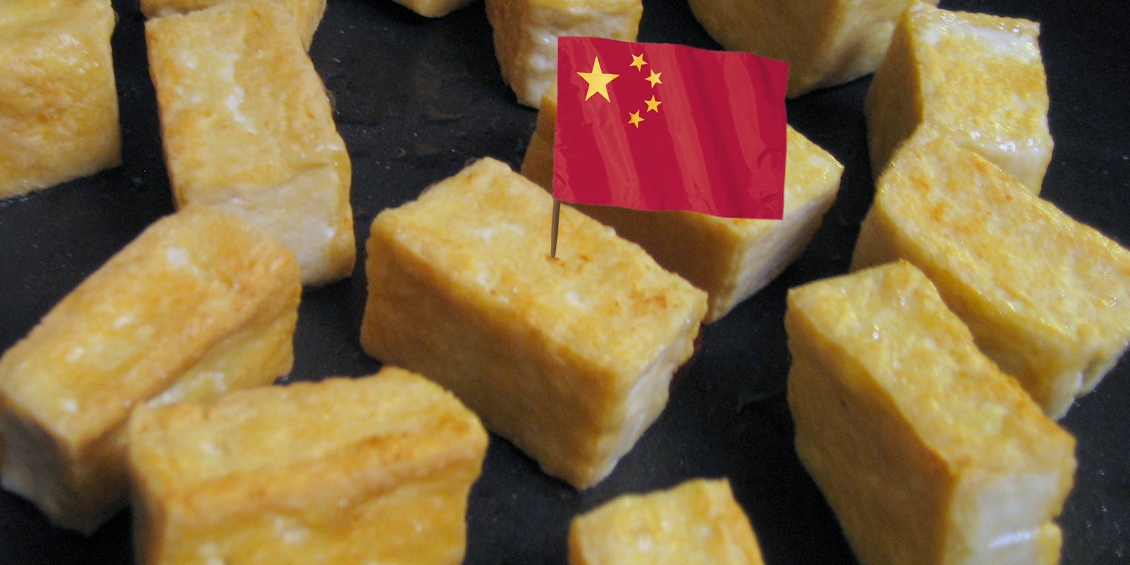 Tofu blocks with a Chinese flag on top