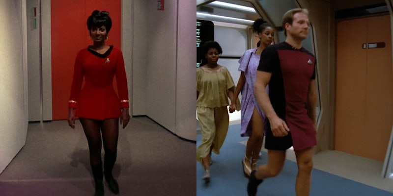 Uhura and male crew member wearing miniskirts