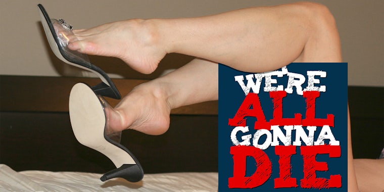 woman kicking off shoes with leg draped over WAGD podcast logo