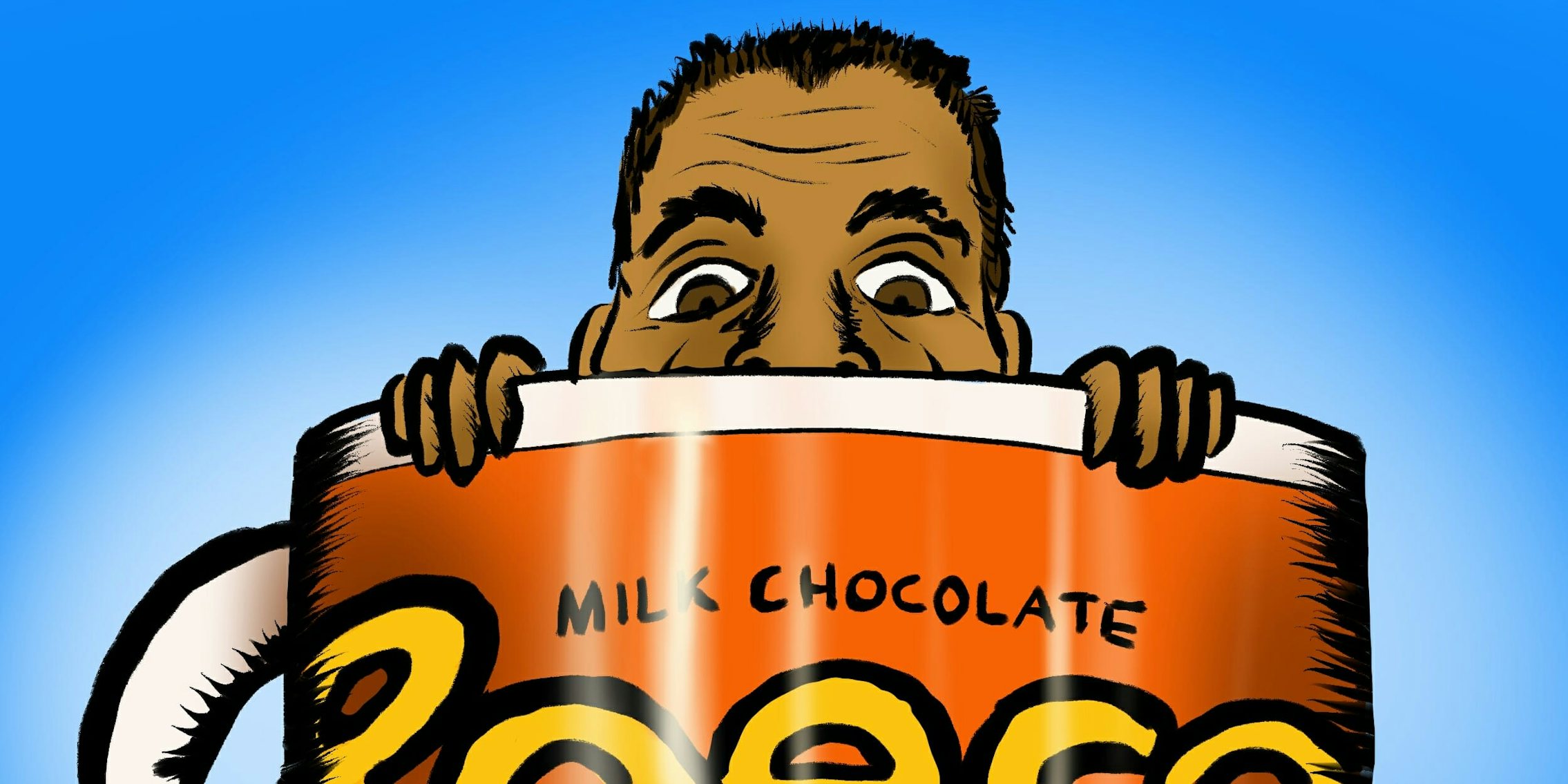 Ajit Pai Caricature behind a giant Reese's Pieces Mug