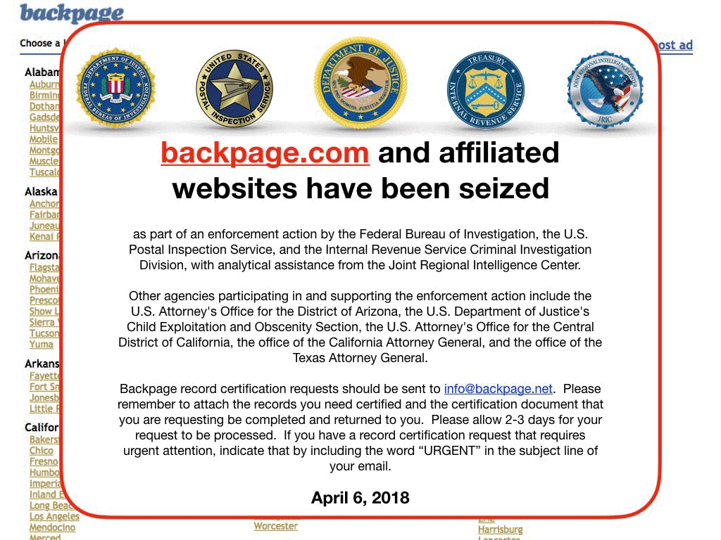 backpage site seizure