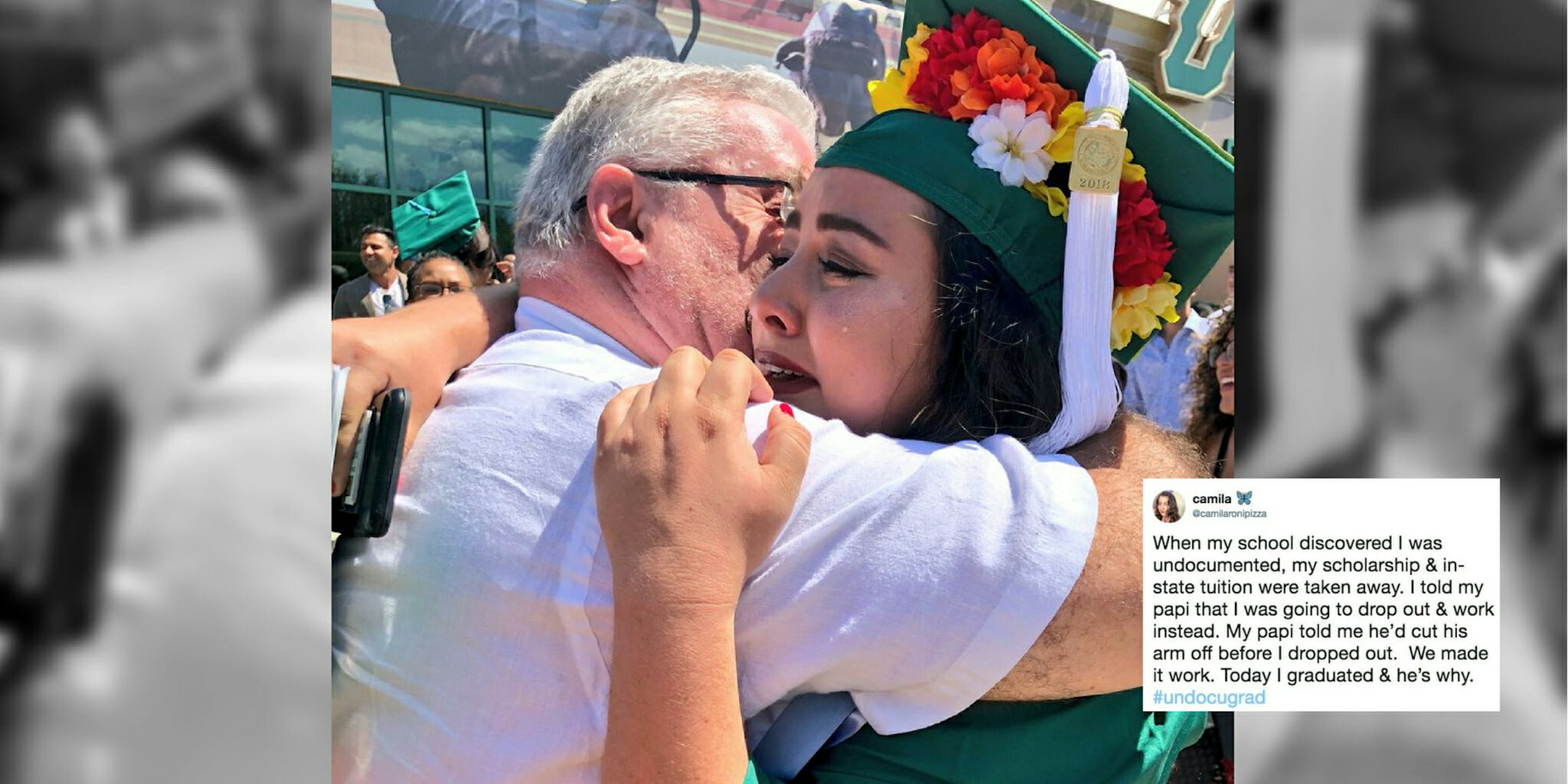 Camila Silva tearfully embracing her father after she, a DACA recipient, graduated from college.