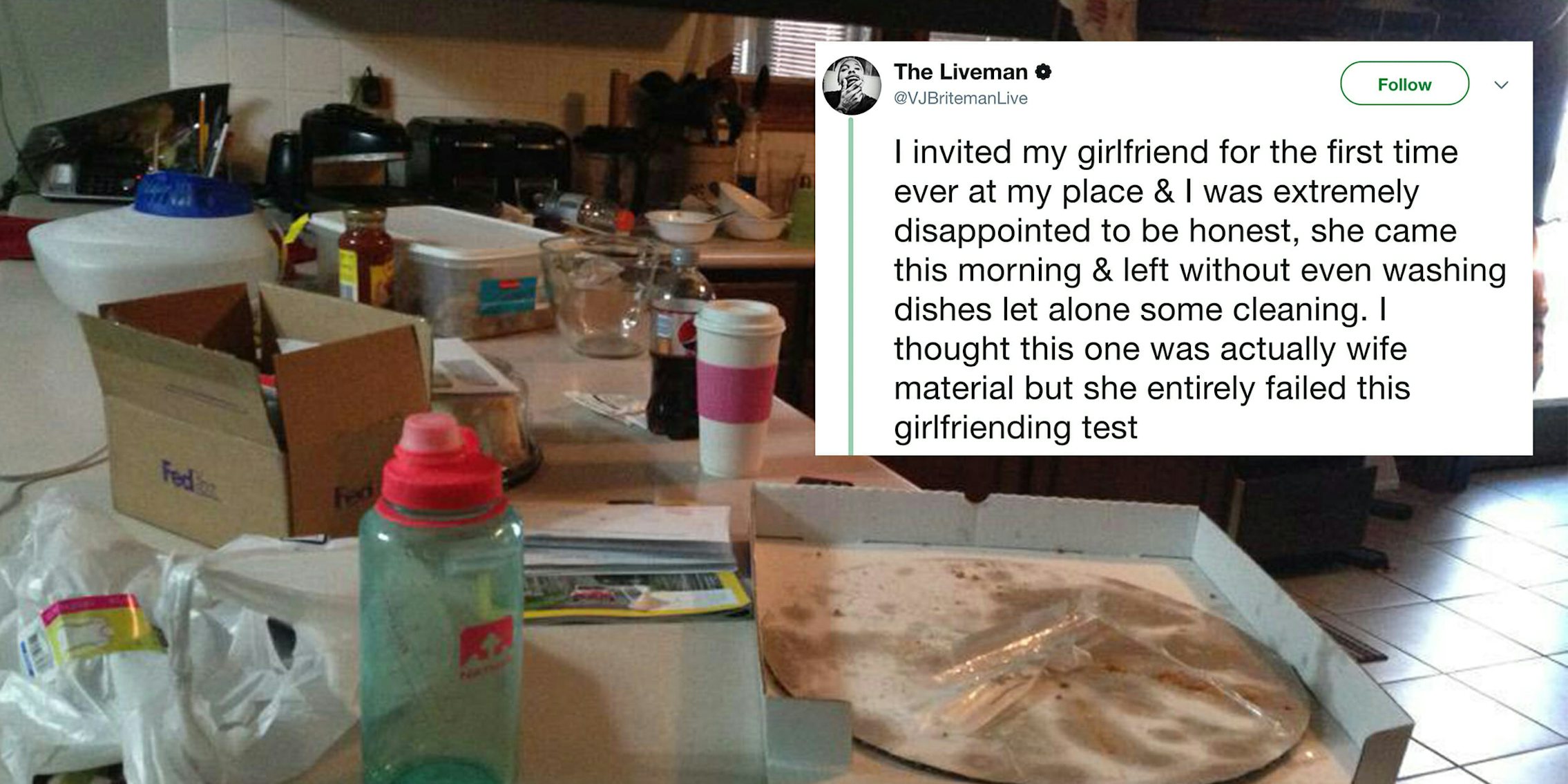 Guy is disappointed girlfriend doesn't clean his kitchen