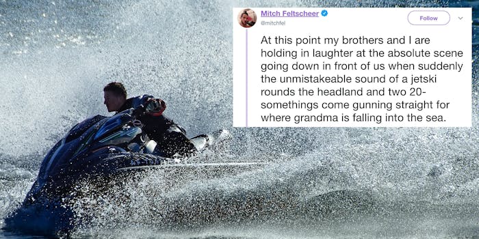 Man riding jet ski with jet ski tweet