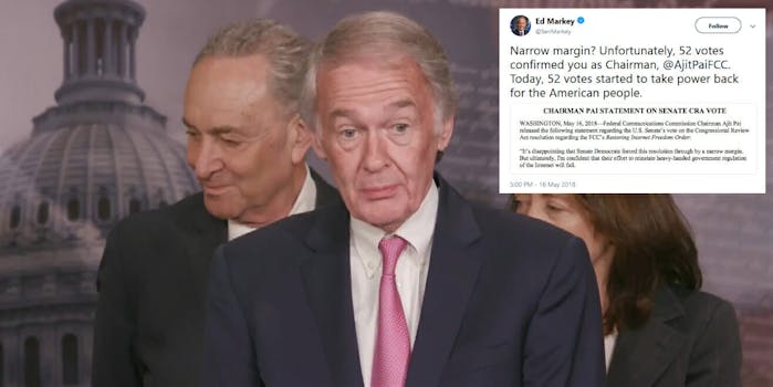 FCC Chairman Ajit Pai called the Senate net neutrality CRA vote 'narrow' because the final tally was 52 to 47. However, Sen. Edward Markey (D-Mass.) reminded the chairman why he should be familiar with that vote total.