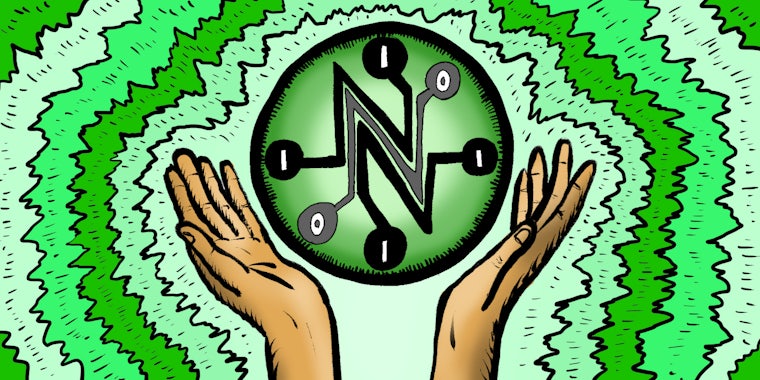Net Neutrality logo illustrated with hands holding it up and energetic background