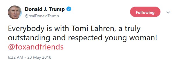 President Donald Trump offered his support to Fox News pundit Tomi Lahren after a drink was thrown in her face over the weekend.