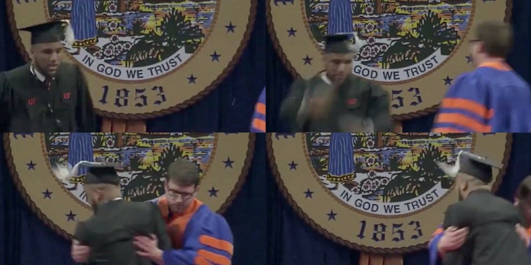 A University of Florida usher grabs and pushes a Black graduating student onto the stage.