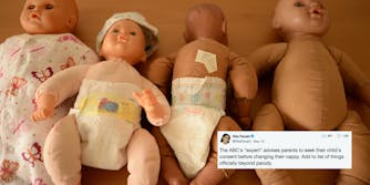 Baby dolls used for diaper changing with a tweet criticizing the concept of asking a baby for consent to change a diaper.