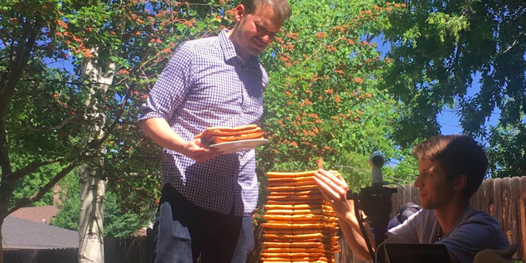 Spencer McCullough sets a new Guinness World Record for tallest waffle stack