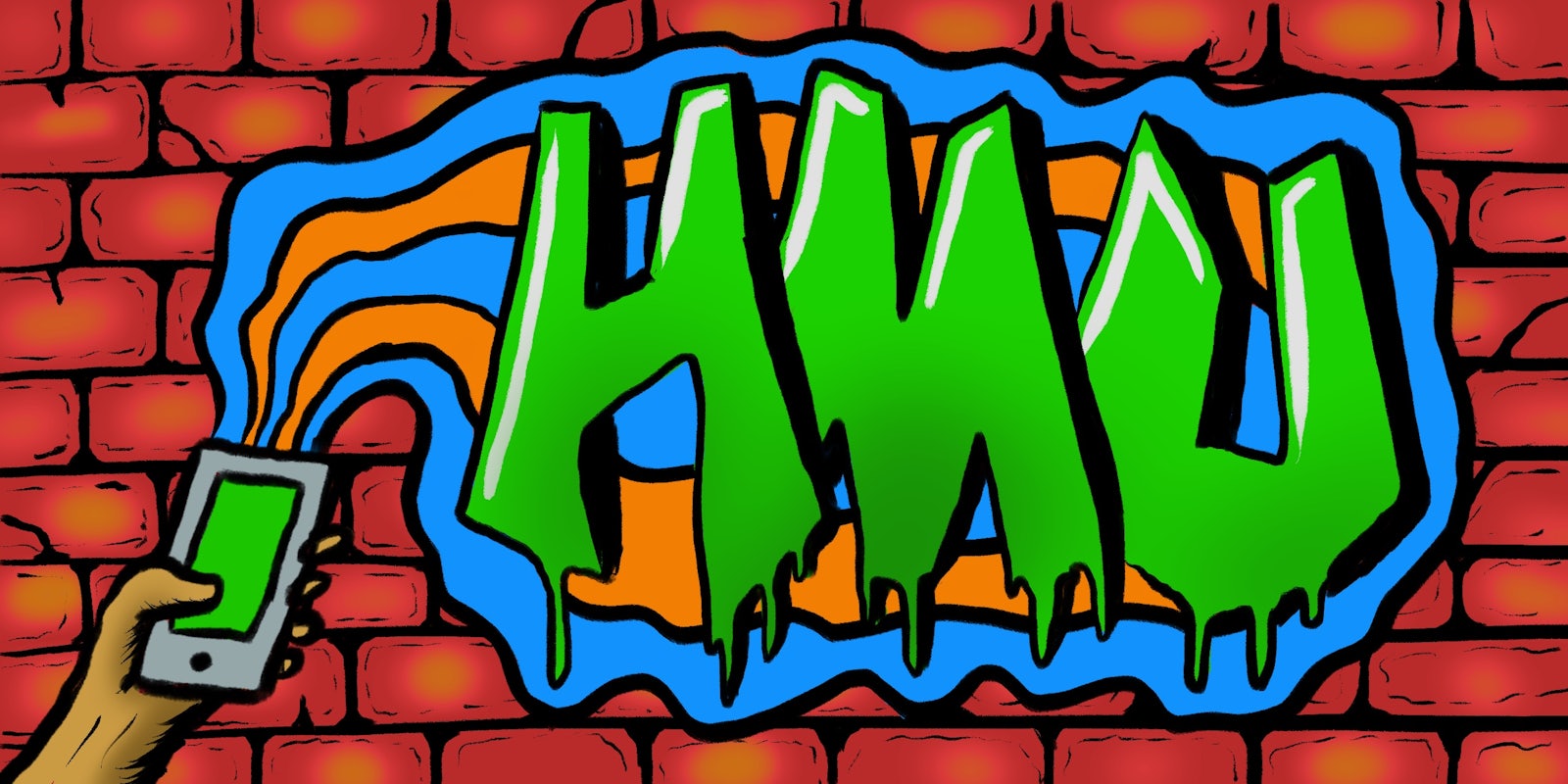 'HMU' written in green graffiti type on a brick wall