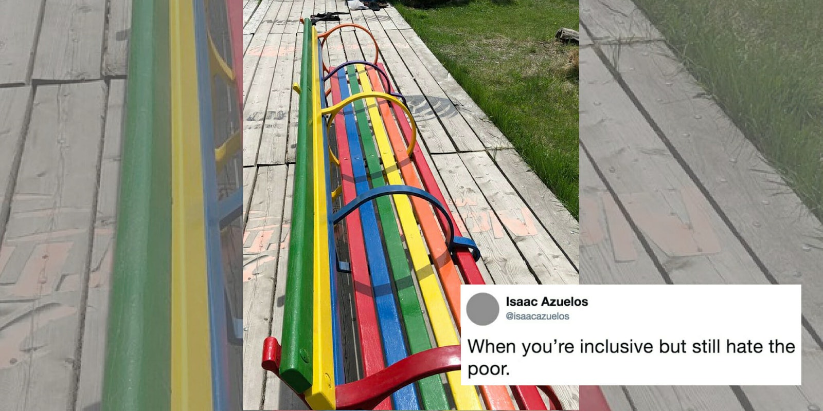 A rainbow bench with dividers appearing to be a type of 'hostile architecture' against homeless people.