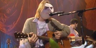 Kurt Cobain with Gru face, singing "About a gorl"
