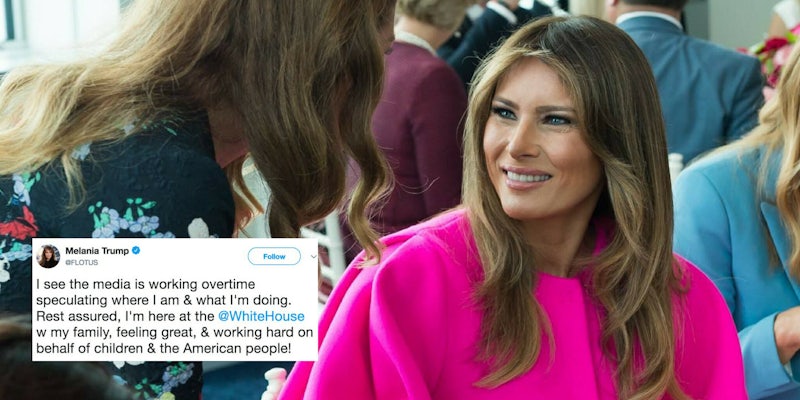 Melania Trump with a tweet from her saying she's hard at work at the White House.