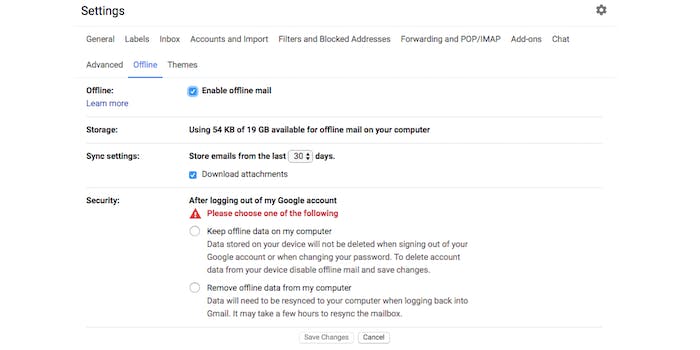 Gmail Offline Mode settings