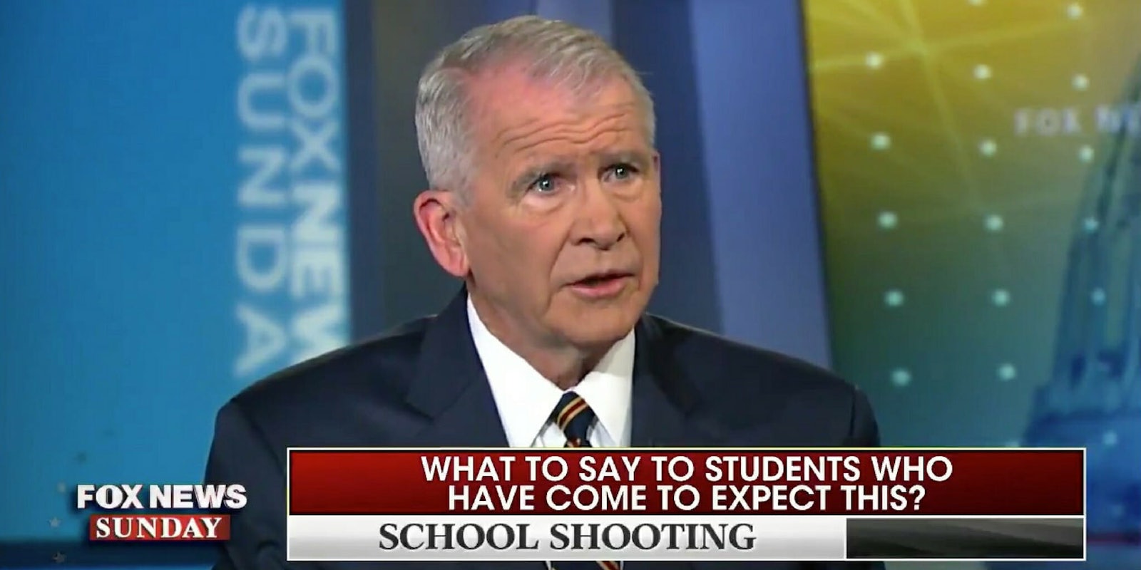 Future NRA president Oliver North stating on Fox News Sunday that ritalin is the cause of school shootings.