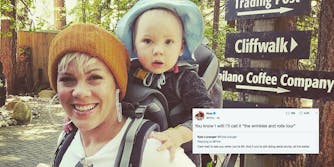Pink on a hike with her toddler and a tweet of hers saying she embraces aging naturally.