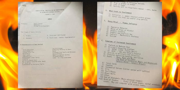 Document about "satanism" from 1989 over flames