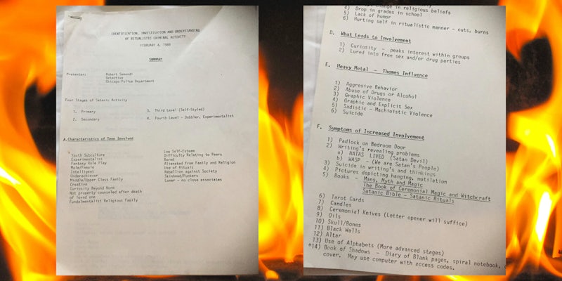 Document about 'satanism' from 1989 over flames