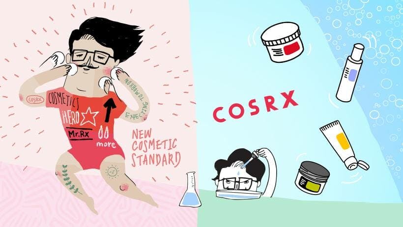Korean skincare brand COSRX's branding featuring colorful cartoon characters applying makeup