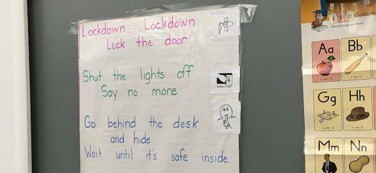Kindergarten class has nursery rhyme for lockdown procedures.