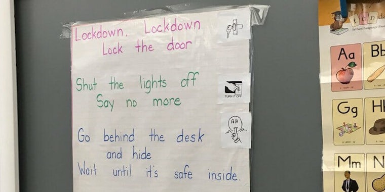 Kindergarten class has nursery rhyme for lockdown procedures.
