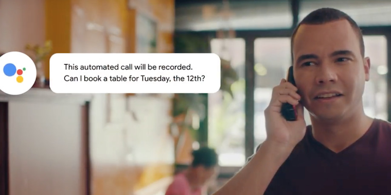 Google Duplex AI chat bubble with man on phone