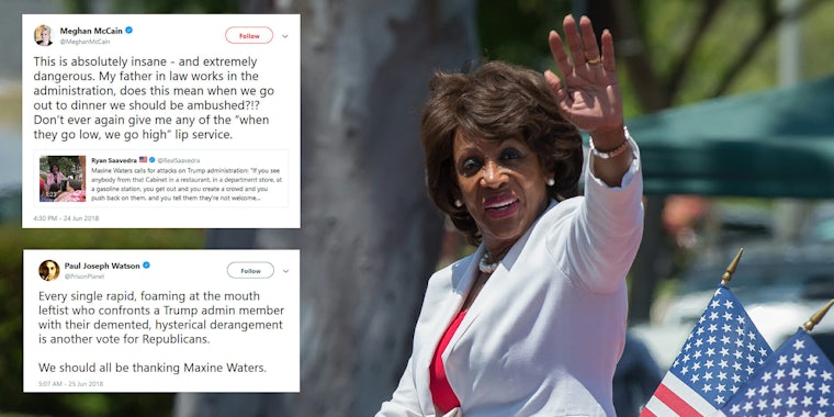 Rep. Maxine Waters (D-Calif.) sparked outrage among conservatives online after she called on supporters to continue confronting members of President Donald Trump's administration in public places.