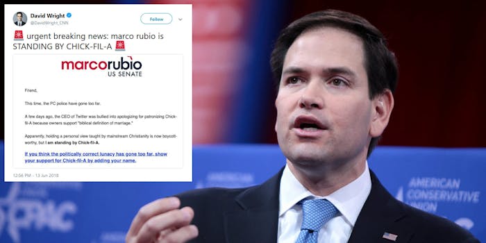 Sen. Marco Rubio (R-Fla.) is apparently using a recent snafu surrounding Twitter CEO Jack Dorsey and Chick-fil-A to pander to his followers.