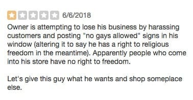 A Yelp review of Amyx Hardware for its homophobic signage.