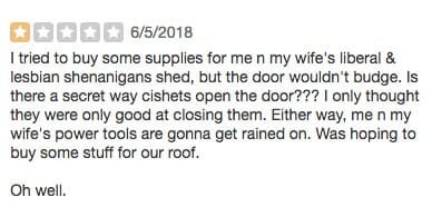 A Yelp review of Amyx Hardware for its homophobic signage.