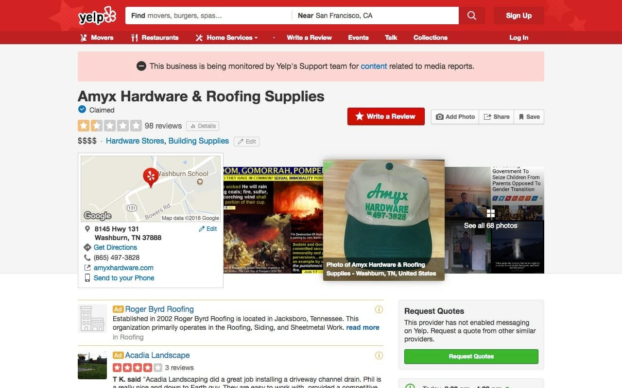 The Amyx Hardware Yelp page under review.