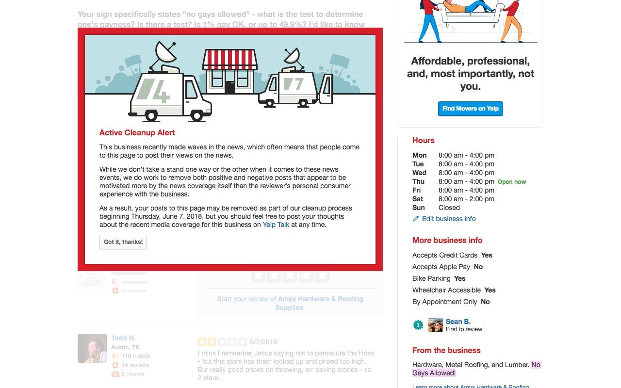 The Amyx Hardware Yelp page under review.