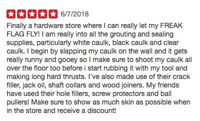 A Yelp review of Amyx Hardware for its homophobic signage.