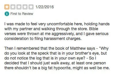 A Yelp review of Amyx Hardware for its homophobic signage. 