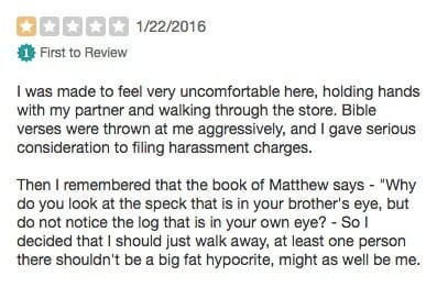 A Yelp review of Amyx Hardware for its homophobic signage.