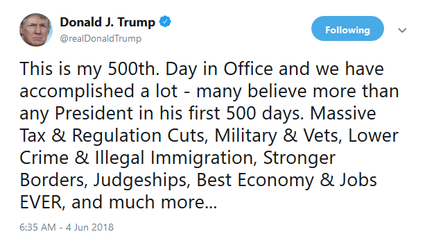 President Donald Trump celebrated his 500th day in office on Monday. The internet had some feelings about it.