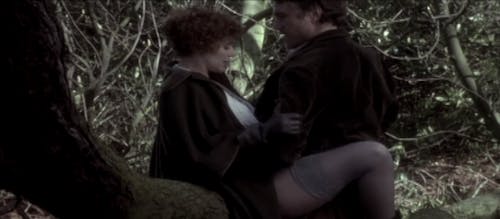A man and a woman caress seductively outside in an amazon prime porn scene from Lady Chatterley's Lover