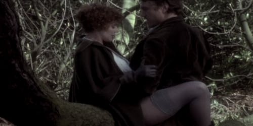 A man and a woman caress seductively outside in an amazon prime porn scene from Lady Chatterley's Lover