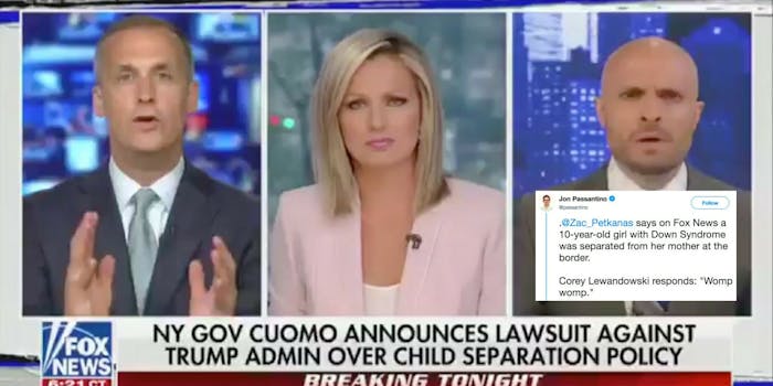 Corey Lewandowski says 'womp womp' in response to Zac Petkanas' story about a girl with Down syndrome separated from her parents.
