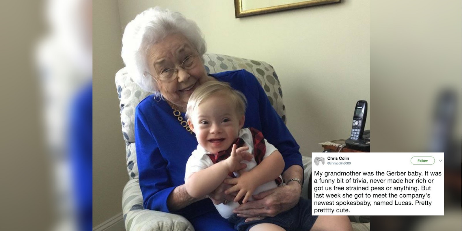 The original Gerber Baby Ann Turner Cook with the new spokesbaby, Lucas.