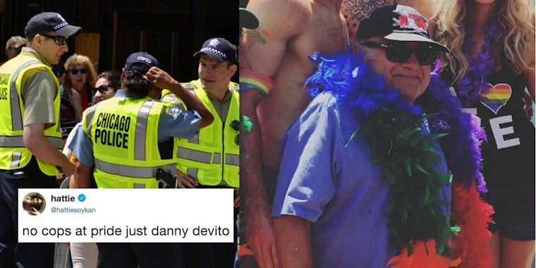 No cops at pride meme showing police versus Danny DeVito.