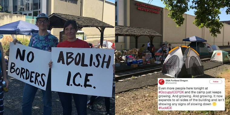 Protesters camp outside of a ICE agency building in Portland, Oregon.