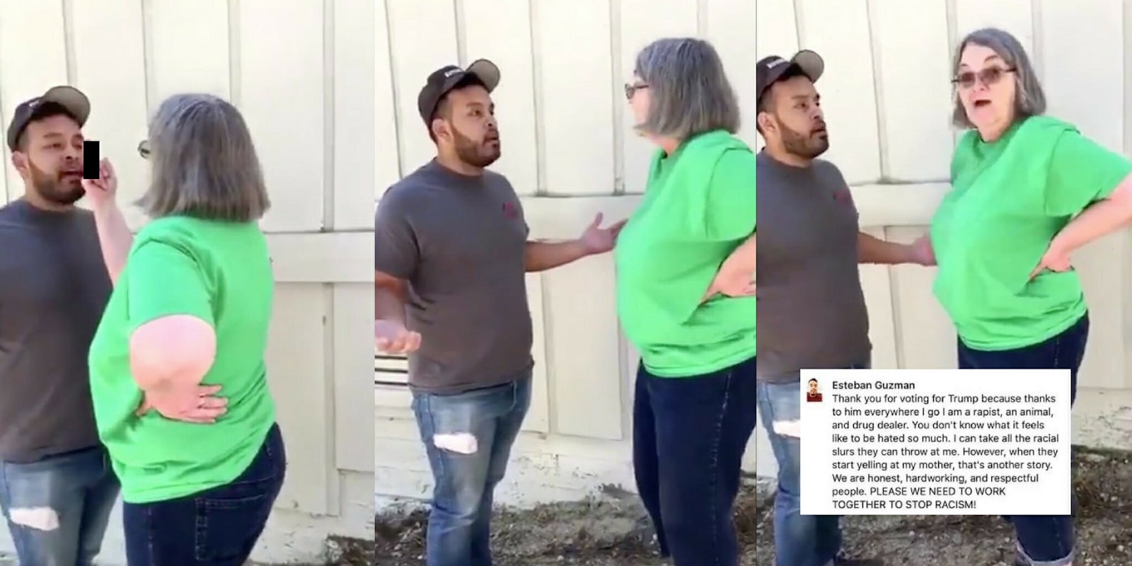 A white woman gives a Mexican landscaper the middle finger before calling him a rapist and drug dealer.