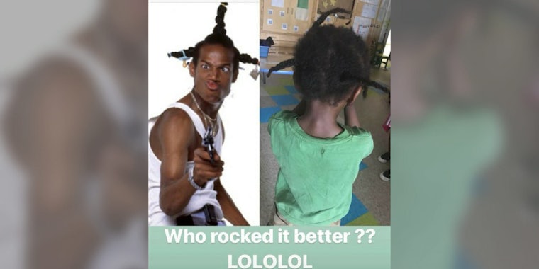 An Instagram stories post comparing a Black child's hair to that of a Marlon Wayans character.