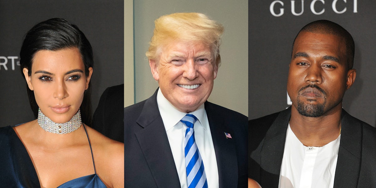 Photos of Kim Kardashian, Donald Trump, and Kanye West.
