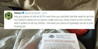 A.J. Francis, a football player for the New York Giants, took to Twitter yesterday to express his outrage after the Transportation Security Administration went through his suitcase and spilled his mother's ashes.