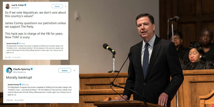 Conservatives are mad about a tweet where James Comey called on people to vote for Democrats in the 2018 midterms.