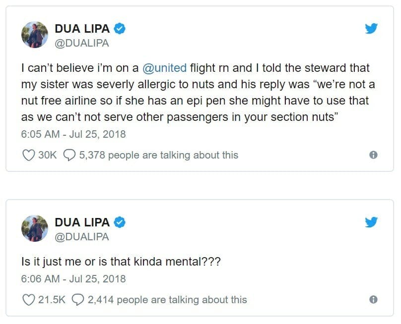 Tweet: I can’t believe i’m on a @united flight rn and I told the steward that my sister was severly allergic to nuts and his reply was “we’re not a nut free airline so if she has an epi pen she might have to use that as we can’t not serve other passengers in your section nuts”