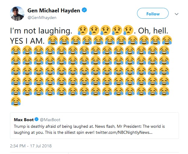 A tweet by former CIA Director Michael Hayden making fun of Donald Trump's backtrack of remarks he made in Russia earlier this week is going viral.